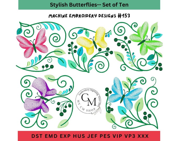 Stylish Butterflies Embroidery Designs, Set of 10 Quilt Embroidery, Linen Embroidery, Machine Embroidery Designs