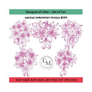 Bouquet of Lilies Redwork Embroidery Designs, Machine Embroidery, Redwork Floral