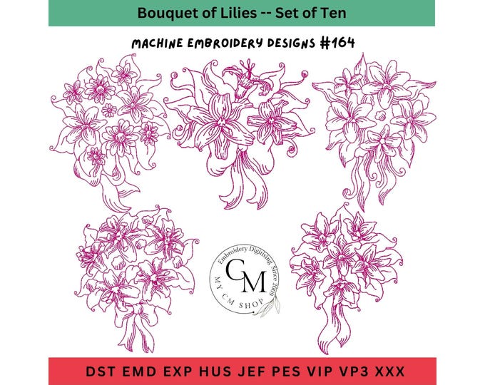 Bouquet of Lilies Redwork Embroidery Designs, Set of 1 Machine Embroidery, Redwork Floral