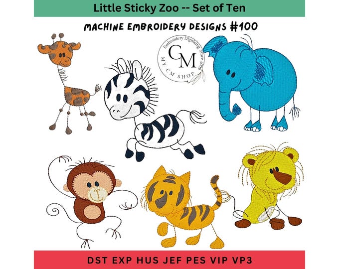 LittleSticky Zoo Embroidery Designs, Set of 10, Machine Embroidery, Nursery Designs, Safari Animal Embroidery