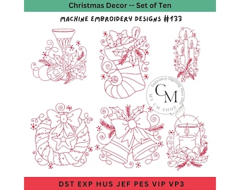 Christmas Redwork Embroidery Designs – Set of 10 (Digital Download)