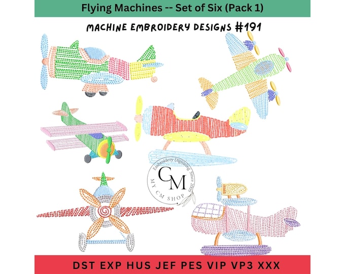 Flying Machine, Machine Embroidery Designs, Set of Six, Pack 1