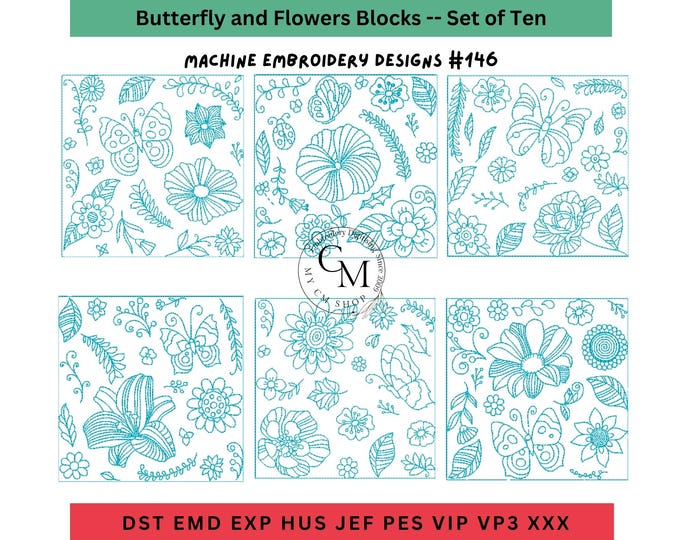 Butterfly and Flowers Blocks -- Machine Embroidery Designs -- Set of Ten