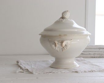 RESERVED. Antique DIGOIN & SARREGUEMINES white ironstone tureen with lid. Antique white stained ironstone bowl. 19th.