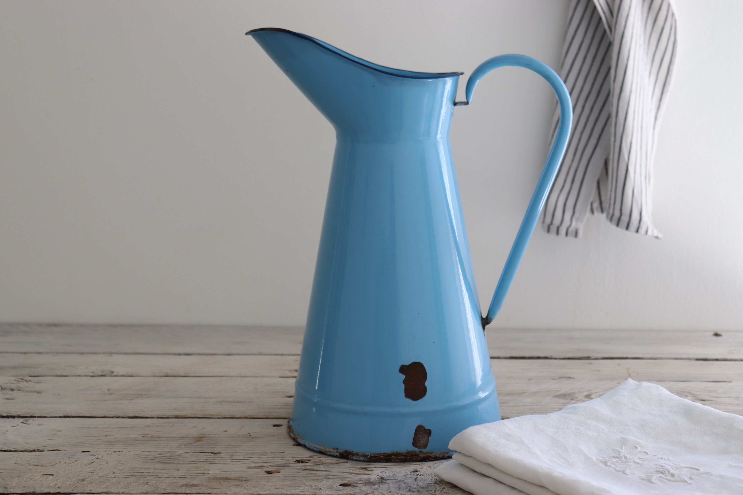 Français Cruche Bleue en Émail, Pichet d'eau.