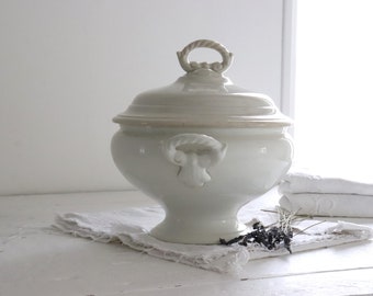 Antique white ironstone tureen with lid. French white ironstone bowl with lid.