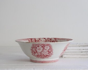 SARREGUEMINES tea stained ironstone bowl. 19th. French Jardinière red floral bowl.