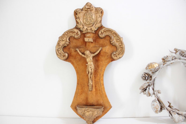 Antique Golden Crucifix Wall Cross French Benitier