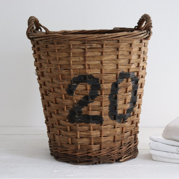 XL Large antique french wicker basket. Rustic numbered wicker storage basket. French country basket. Black painted number.