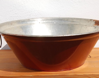 Very big, old peasant food bowl enamel red big old rustic foot bowl enamel 1950