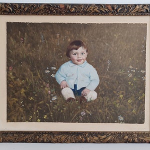 Antique picture little boy boy sitting in meadow hand-painted gouache mixed technique around 1900
