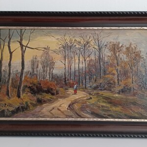 Oil painting Antique evening mood in the autumn forest Person on the way 1920