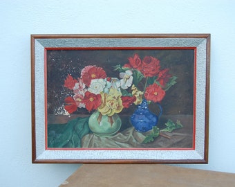 Oude Vintage Shabby Olieverfschilderij Bloem Stilleven Walnut Frame sig. 1948 oud stilleven met omlijste bloemen