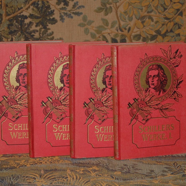 Dekorative antike Bücher rot gold Literatur Schiller um 1900 dekorativ red gold books literature