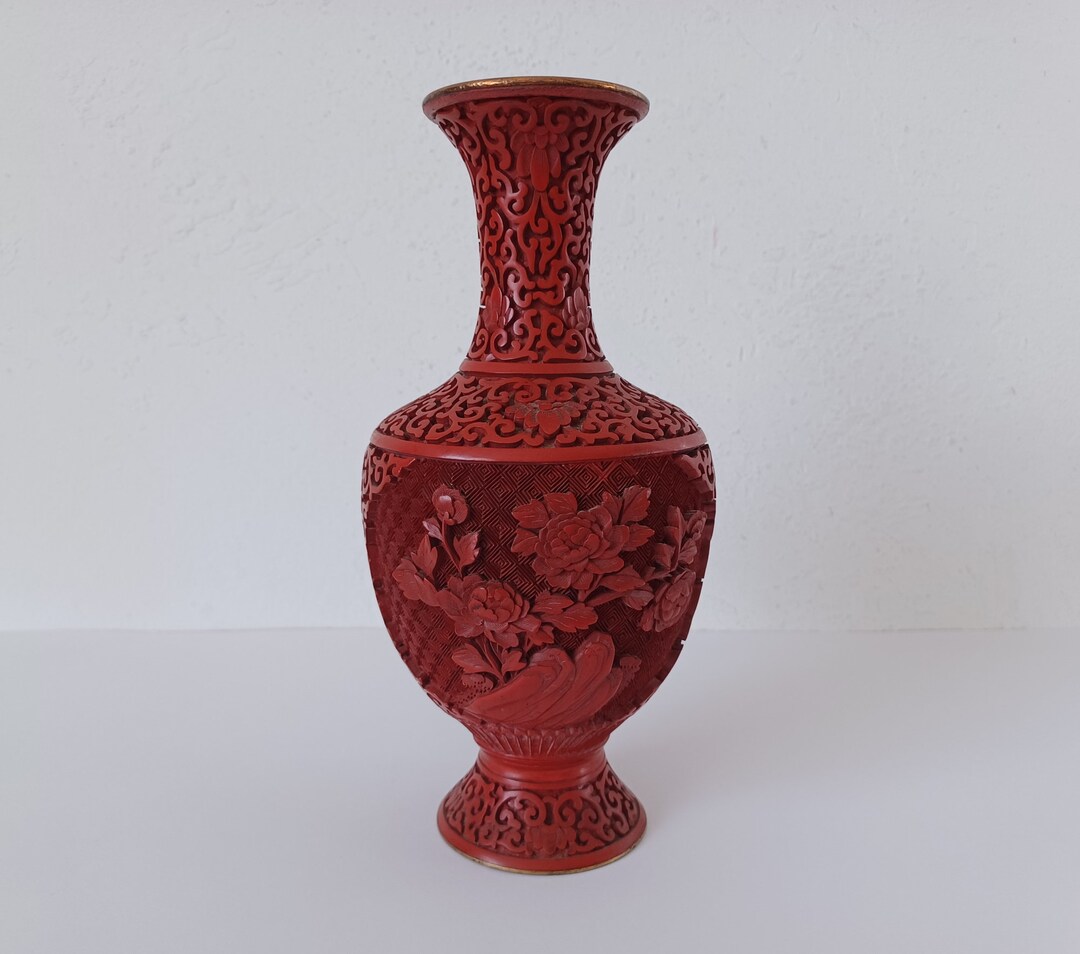 Antique Red Lacquer Vase China Carved Leaf and Flower Décor Around 1900 Etsy