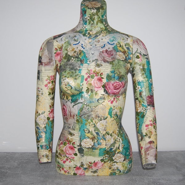 Decoupage Schneiderpuppe/Schaufensterpuppe Oberteil weiblich Garden of Roses Mannequin/Dress form