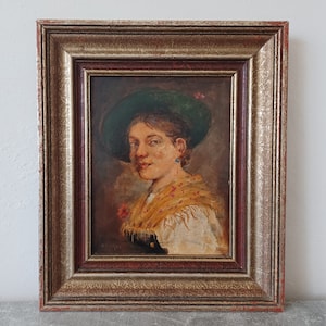 Antique oil painting Portrait of a young woman in Bavarian costume, genre painter Munich Hans Kratzer around 1900