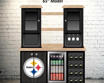 STEELERS Bar Cabinet with Upper Cabinets + Shelves INCLUDES FRIDGE!!!!!