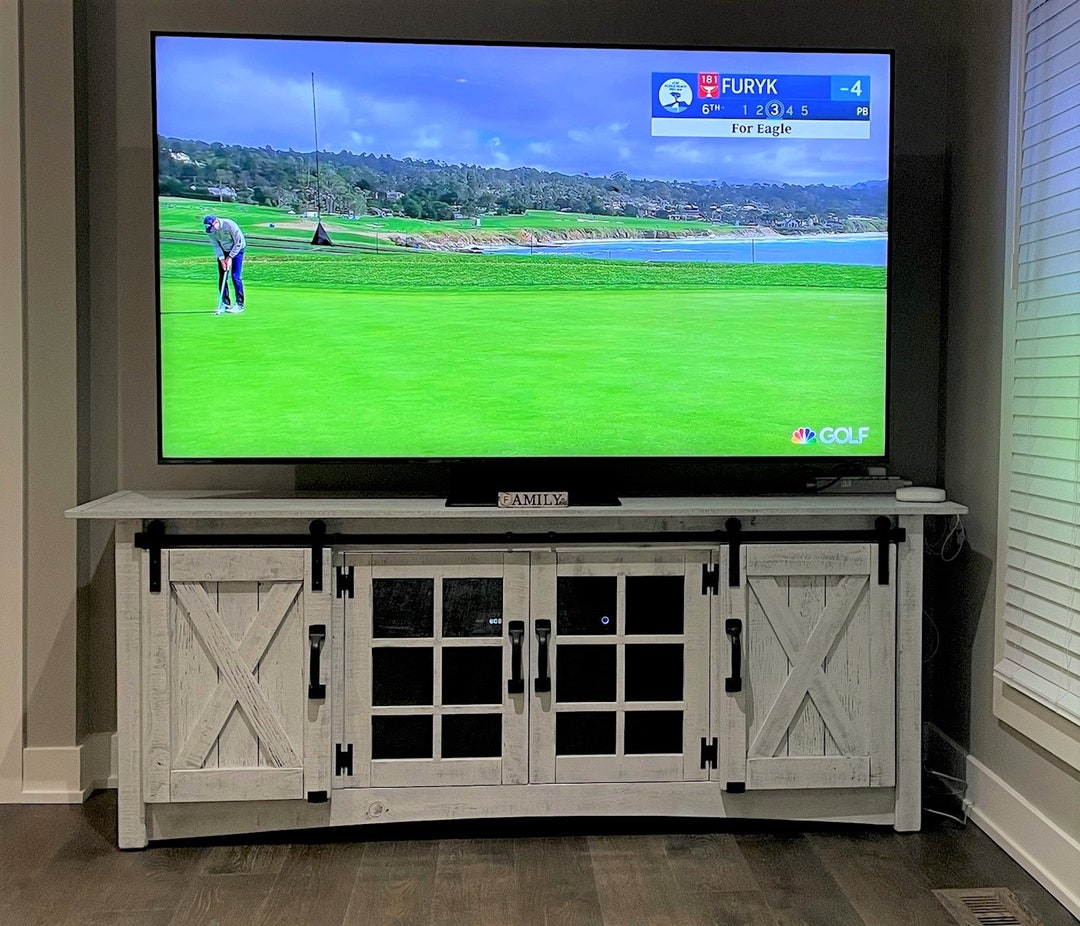 84 Rustic White TV / Wall Unit With Sliding Barn Doors Etsy