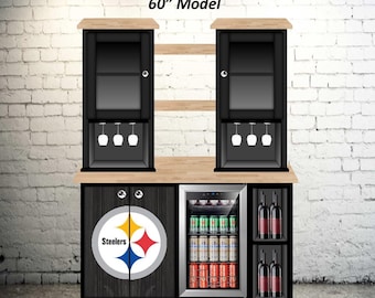 STEELERS Bar Cabinet with Upper Cabinets + Shelves INCLUDES FRIDGE!!!!!