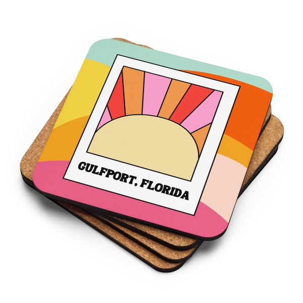 Colorful Gulfport Florida Polaroid Graphic Cork-back Coaster | Gifts | Home Decor