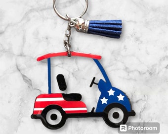 Patriotic Golf Cart Keychain, Fathers Day Gift