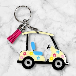 Llavero de carrito de golf con diseño floral, regalo para golfistas