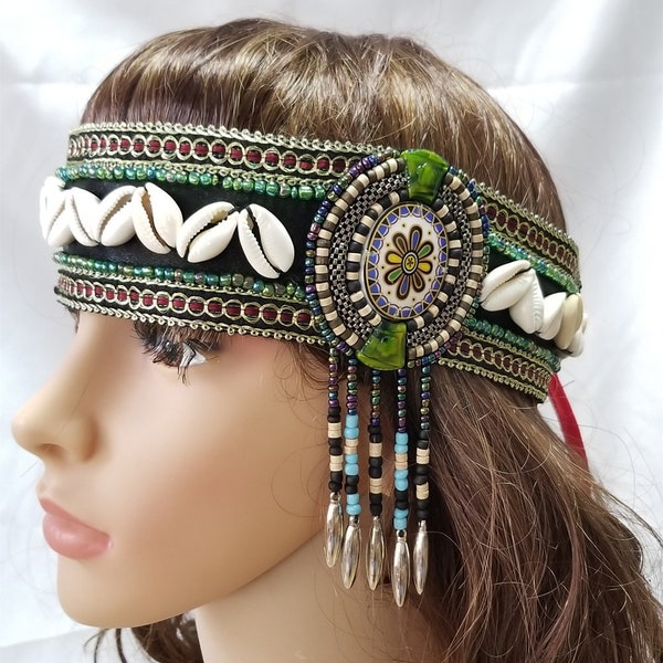 Tribal Belly Dance Headpiece with Shells Beads Fringes Jewelry Set