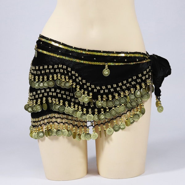 Classic Velvet Belly Dance Hip Scarf with Beads Belt (Silver/Gold Coins)