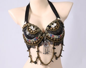 Shiny Tribal Style Belly Dance Bra ATS Tops with Bronze Coins Drapes