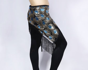 Belly Dance Hip Scarf Peacock Feather Sequin Embroidered Wrap Shawl with Fringes Triangle Belt