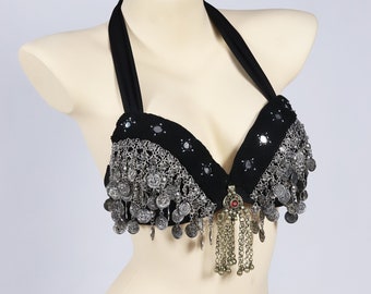 Tribal Fusion Belly Dance Bra With Silver Coins and Afghani Jewelry Accents  shaped Hard Cup 