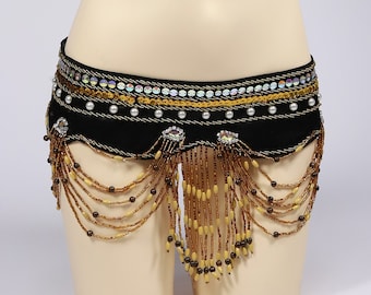 Vintage Tribal Belly Dance Coins Belt with Beading Drapes Sequins Hip Belts