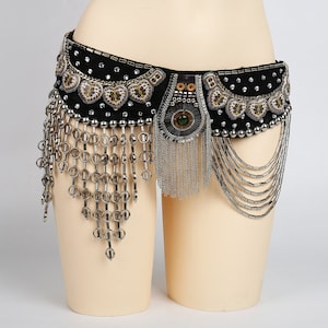 Punk Black Tribal Belly Dance Belt with Arabic Jewelry and Metal Chain Drapes image 1