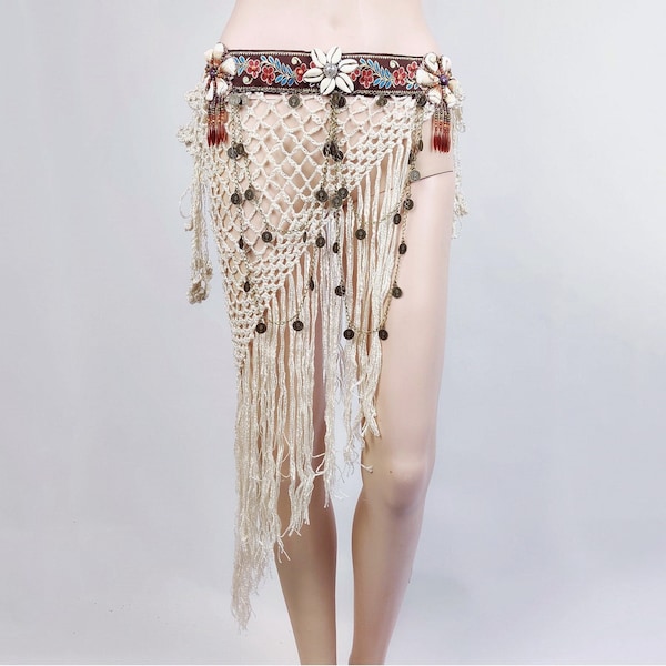 Tribal Fusion Embroidered Belt Hip Scarf Long Fringes Crochet Net Shawl Wrap with Coins Chain Drapes