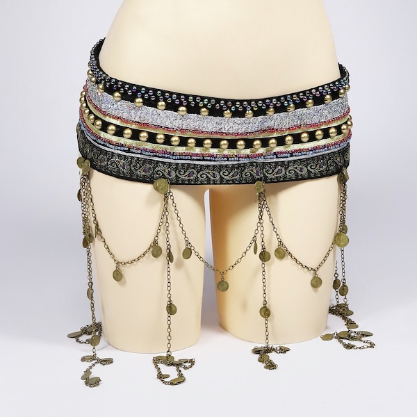 Black Vintage Tribal Belly Dance Coins Belt with Chain Drapes