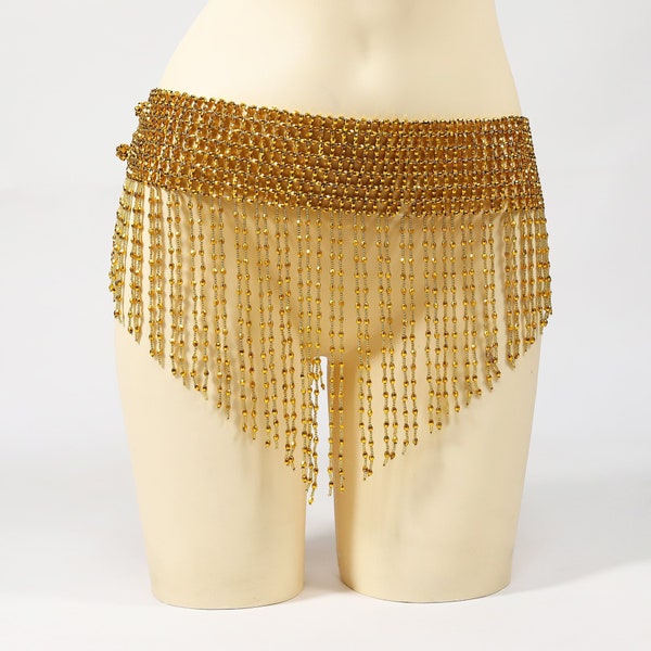 Belly Dance Costume Belt Stretchy Beaded Belt with Bells and Swags Triangle Waistband