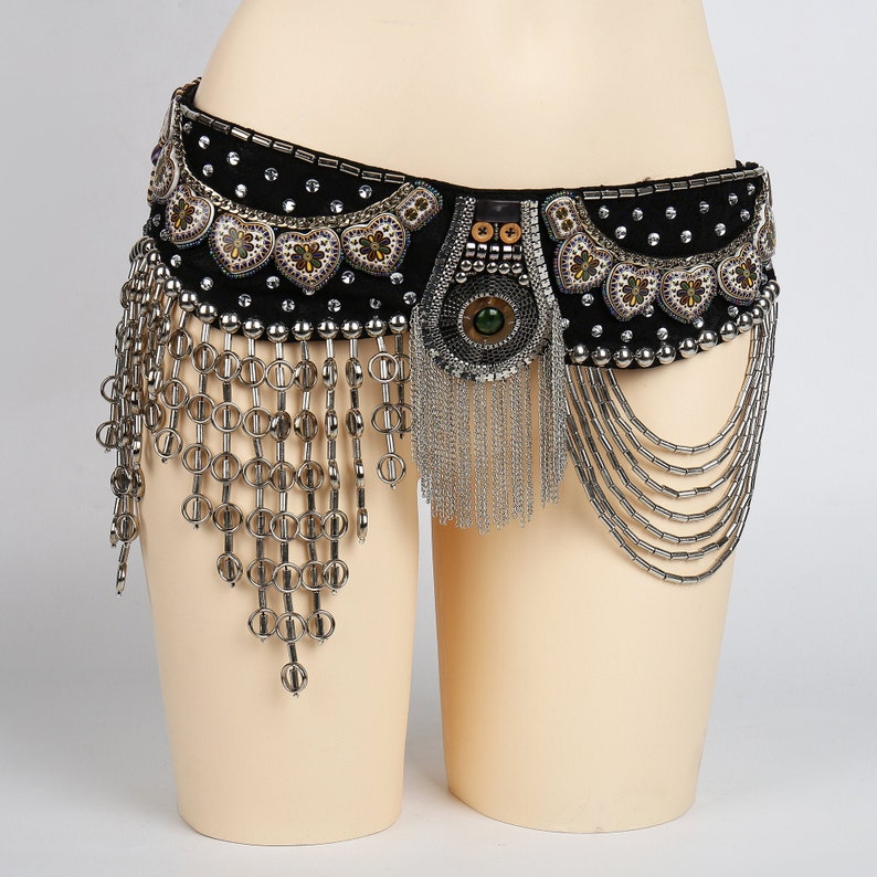 Punk Black Tribal Belly Dance Belt with Arabic Jewelry and Metal Chain Drapes image 1