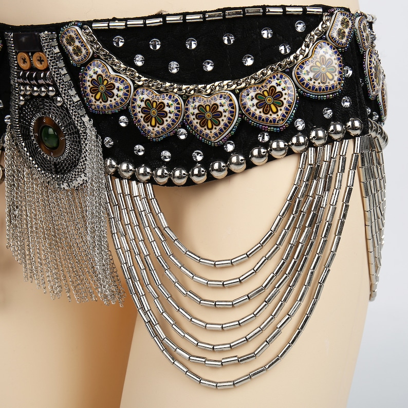 Punk Black Tribal Belly Dance Belt with Arabic Jewelry and Metal Chain Drapes image 5