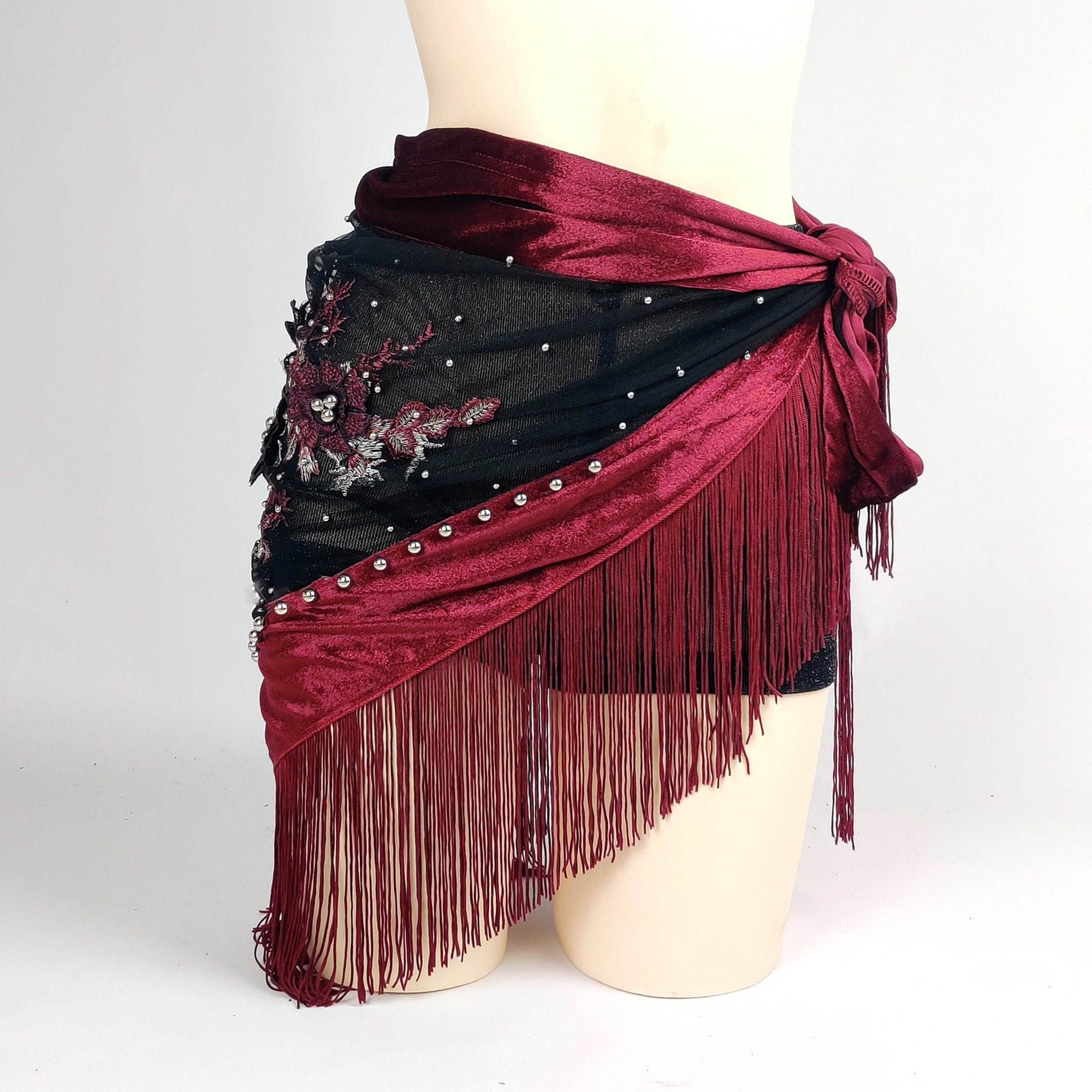 Belly Dance Hip Scarf Embroidered Wrap Shawl Fringes Triangle Belt