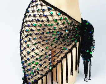 Belly Dance Crochet Net Shawl Scarf with Square Sequins and Fringe