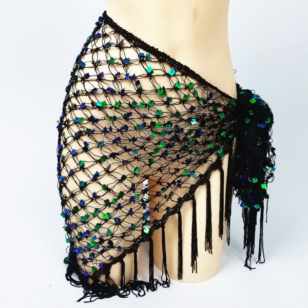 Belly Dance Crochet Net Shawl Scarf with Square Sequins and Fringe