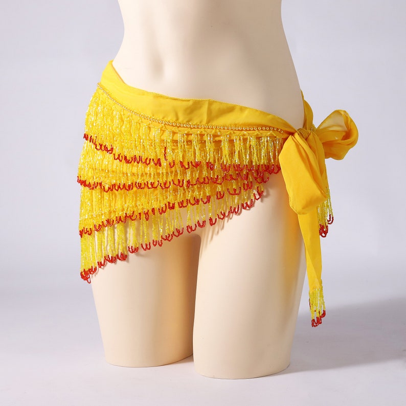 4 Rows Belly Dance Top Grade Hip Scarf Chiffon Wraps with Beading Fringes