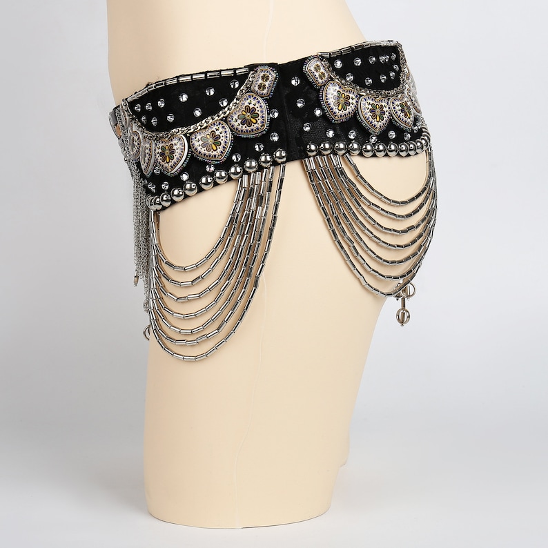 Punk Black Tribal Belly Dance Belt with Arabic Jewelry and Metal Chain Drapes image 4