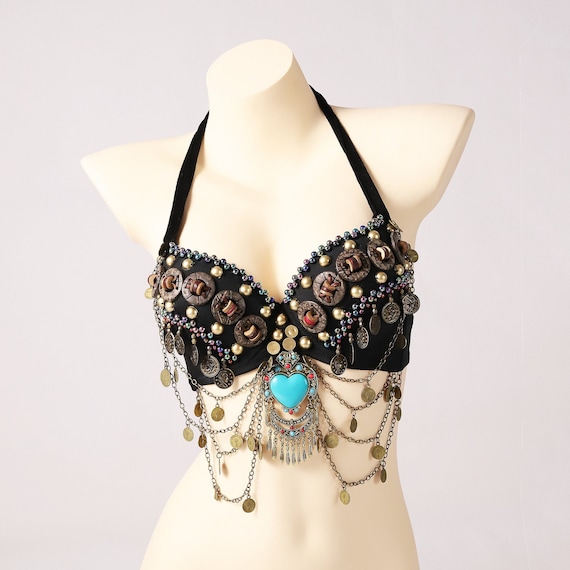 Tribal Belly Dance Bra Wooden Beads Top With Swags and Turquoise Medallion  