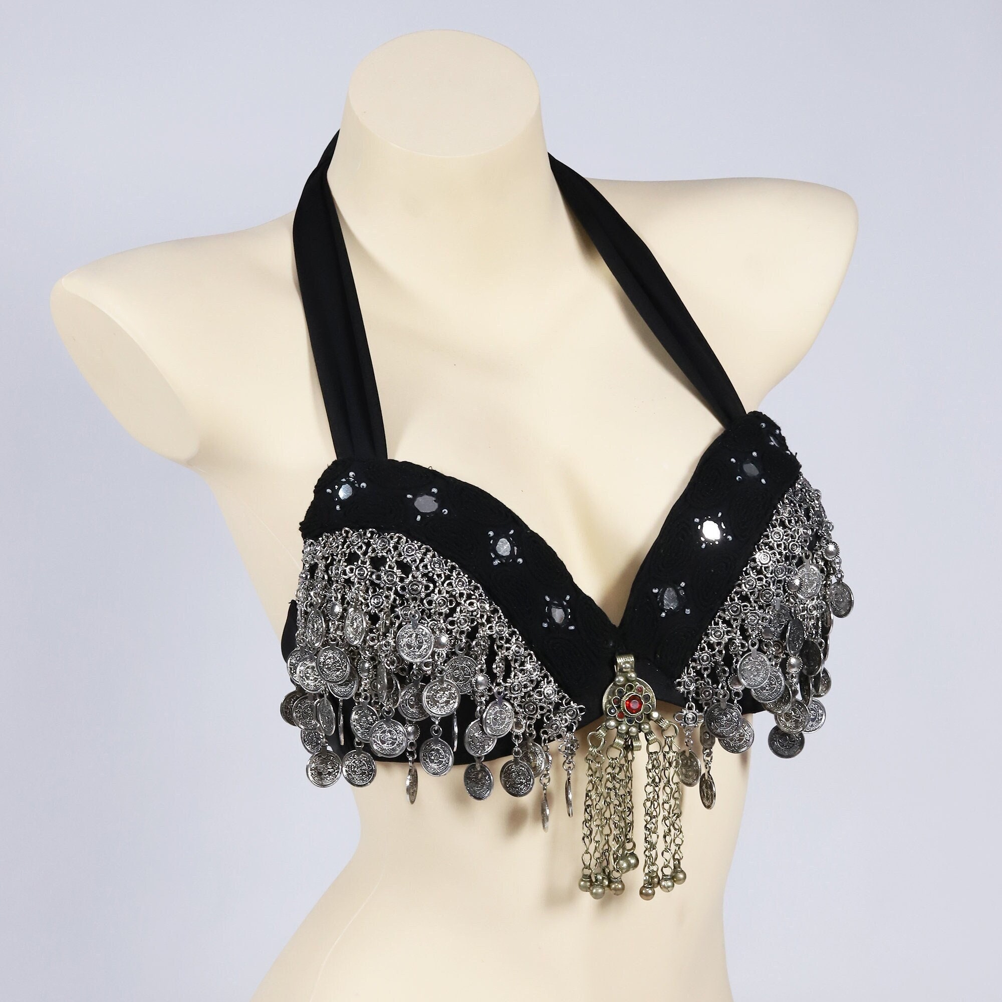 Tribal Fusion Belly Dance Bra With Silver Coins and Afghani