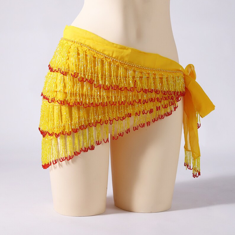 4 Rows Belly Dance Top Grade Hip Scarf Chiffon Wraps with Beading Fringes