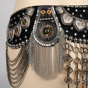 Punk Black Tribal Belly Dance Belt with Arabic Jewelry and Metal Chain Drapes image 7