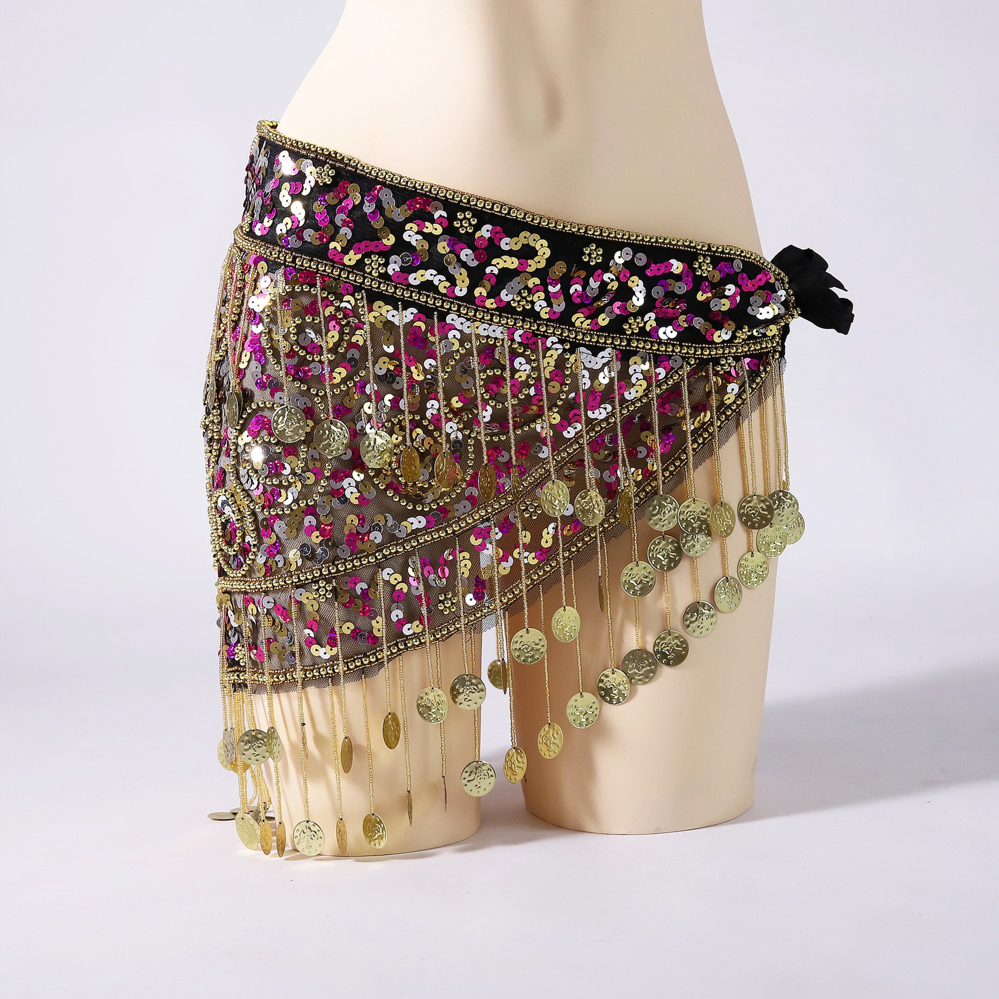 Ornate Belly Dance Hip Scarf With Multicolor Beads and Coins Fringes -   Israel