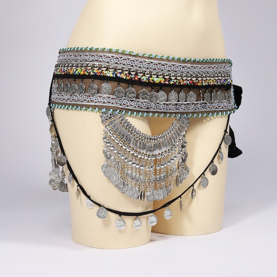 Egyptian Gold Coin Belt with Crescent Pendants and Chain Drapes at